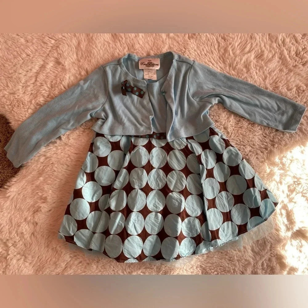 Rare Editions Blue Polka dot dress with sweater cardigan size 24 months